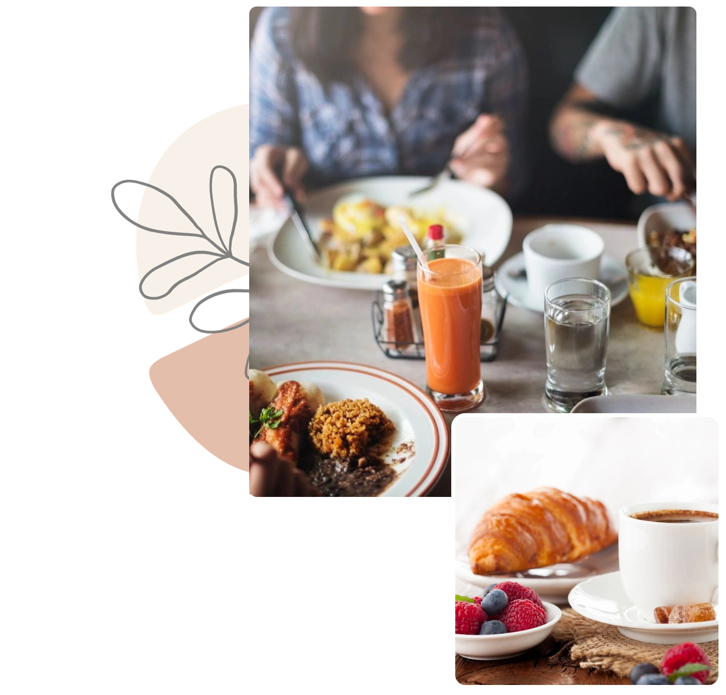 A collage of different foods on plates and cups.